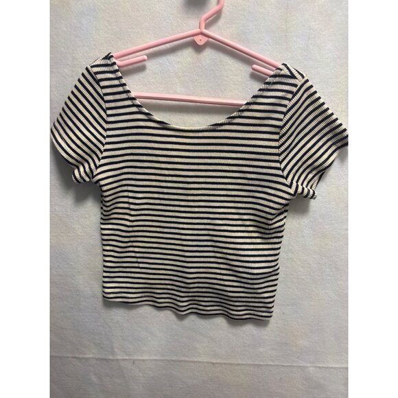 Zara Trafaluc Striped Ribbed Crop Top Navy & White Short Sleeve Scoop Neck S - Picture 1 of 7